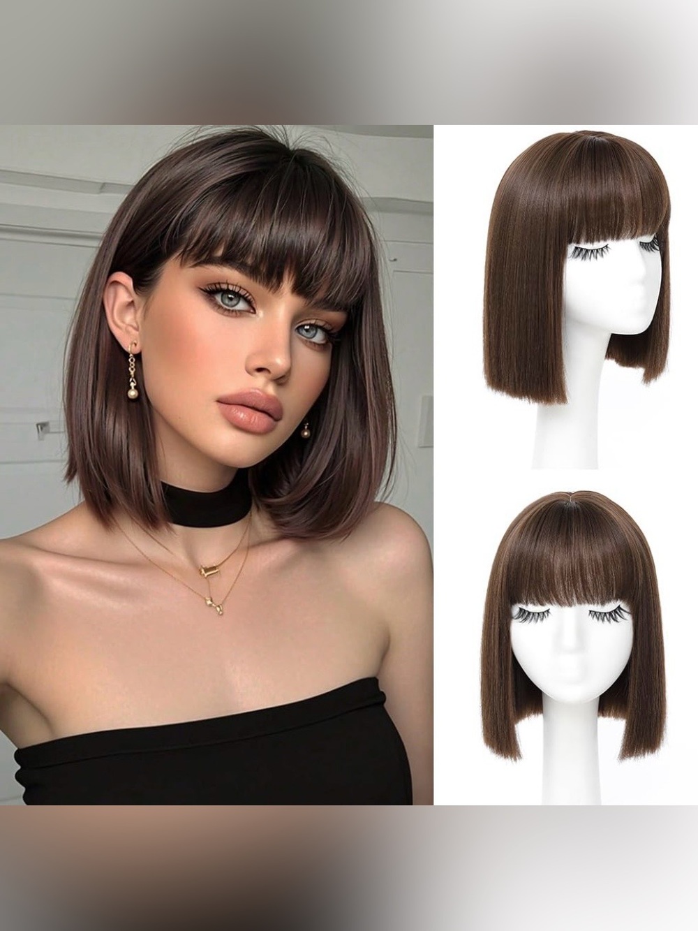 Women’s 10-inch Synthetic Brown Bob Wig with Bangs Cosplay Daily or Costume